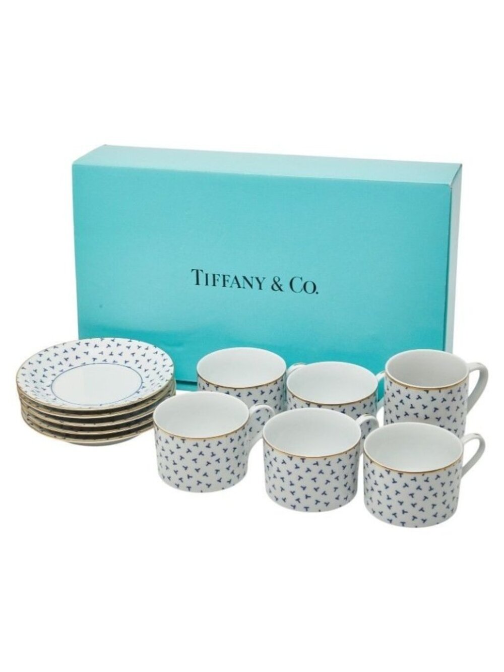 Tiffany & Co Dancing T Cup Saucer Set White Blue Gold Porcelain